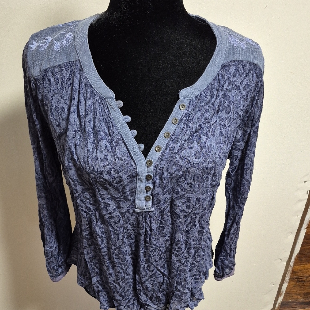 LUCKY BRAND Lace Peasant Blouse Denim Blue Ladies Large